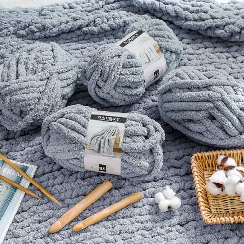 Image of Chunky Chenille Yarn for Hand Knitting 8 Jumbo Pack Jumbo Chunky Yarn for Hand Soft Blanket Knitting, Bulky Thick Fluffy Yarn for Crocheting (Medium Gray)