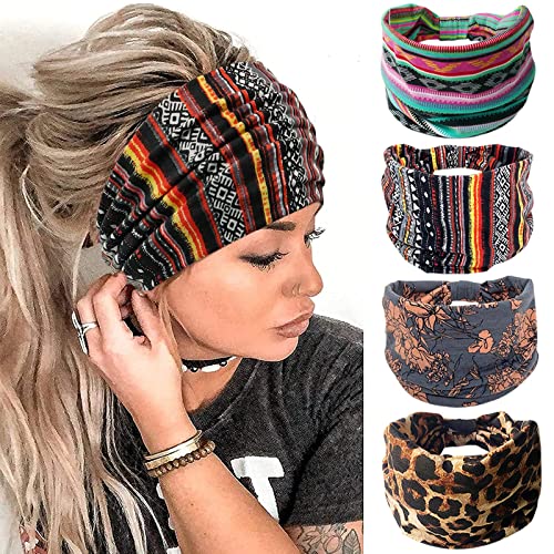 Yonuf Wide Boho Headbands For Women Fashion Knotted Headband Yoga Workout African Head Wrap 4 Pack #TOP12