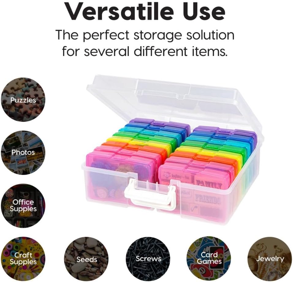 IRIS USA 4" x 6" |Made in USA| 2-Pack Photo Organizers and Picture Storage Box with Handle, 16 Inner Cases/Containers for Tasks, Stickers, Ephemera, & Flashcards - Clear/Multi-Color