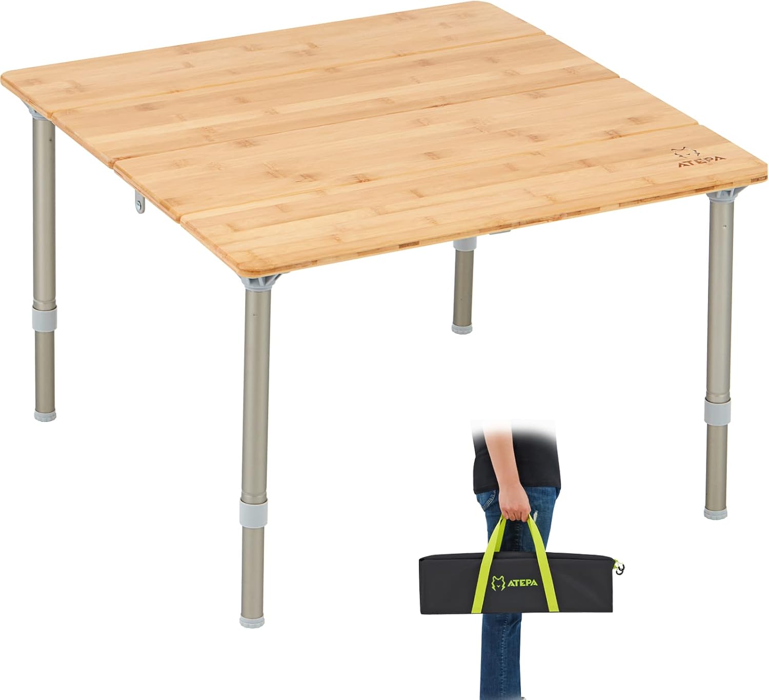 ATEPA Bamboo Folding Camping Table Height Adjustable Lightweight Outdoor Folding Table Portable Foldable Camp Table with Carry Bag, Collapsible Side Table for Dinning, Beach, Travel, Picnic, Patio
