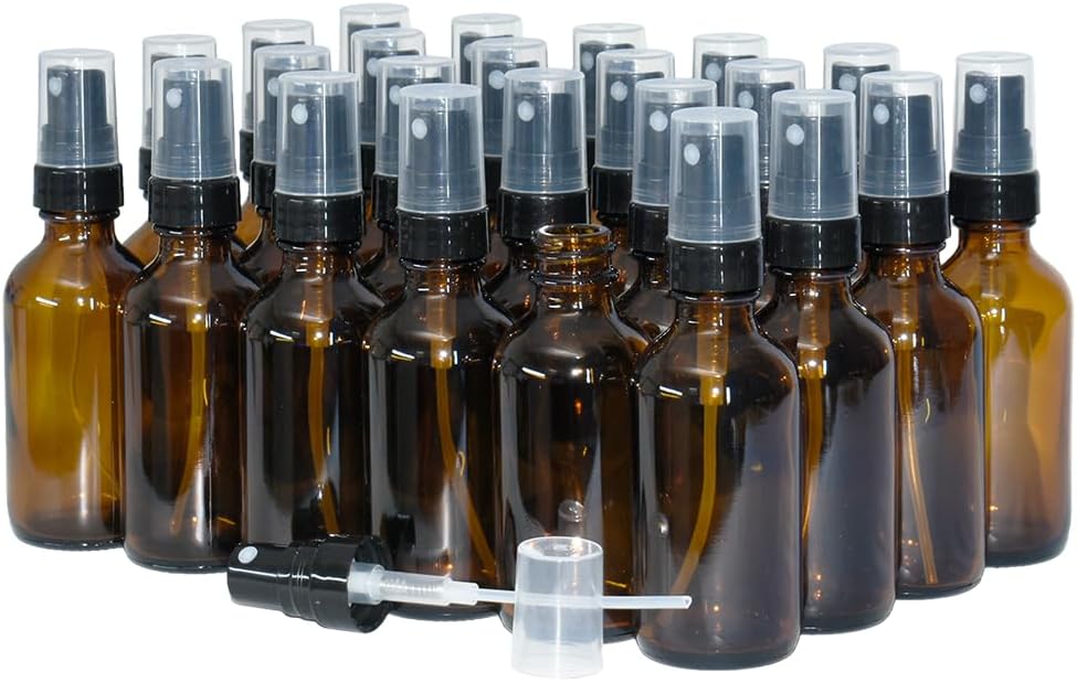 GlassBottleOutlet (24 Pack) 2 oz. Amber Boston Round with Black Fine-Mist Sprayer