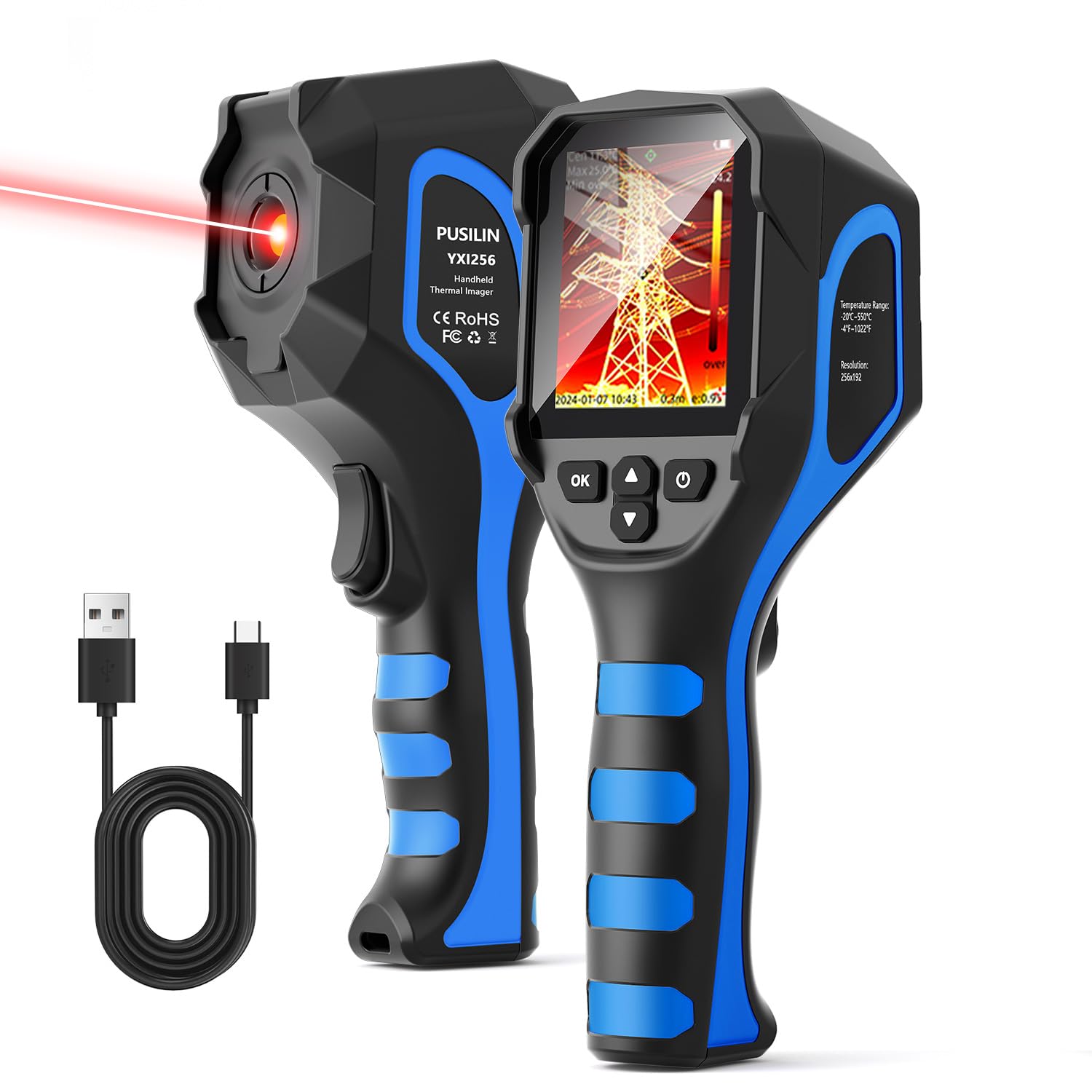 YXI256 Thermal Imaging Camera,Actual Resolution 256 x 192 Thermal Camera with Laser.6 Color Palettes.Video Recording.25 Hz Handheld Infrared Cameras with Temperature Alarm