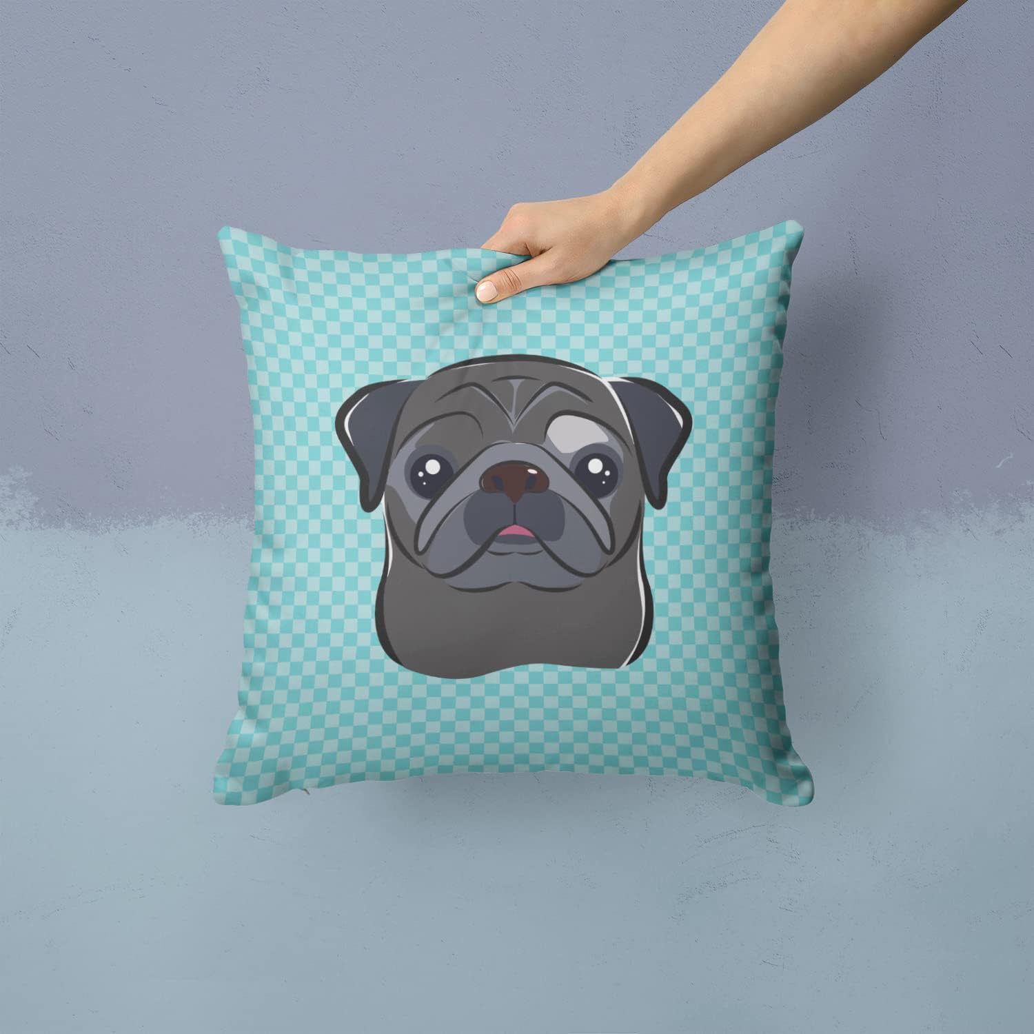 Caroline's Treasures BB1201PW1414 Checkerboard Blue Black Pug Fabric Decorative Pillow Machine Washable, Indoor Outdoor Decorative Pillow for Couch, Bed or Patio, 14Hx14W
