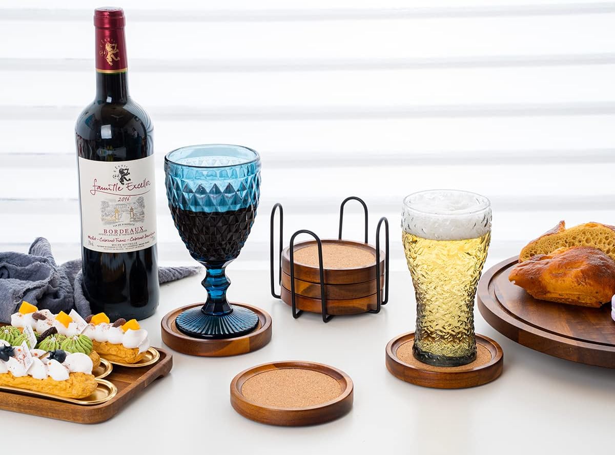 Acacia Wood Cork Coasters with Holder - Absorbent Rustic Cork Coasters for Coffee/Dining Tables & Desks - Set of 6, 4.13in Dark Brown - Image 3