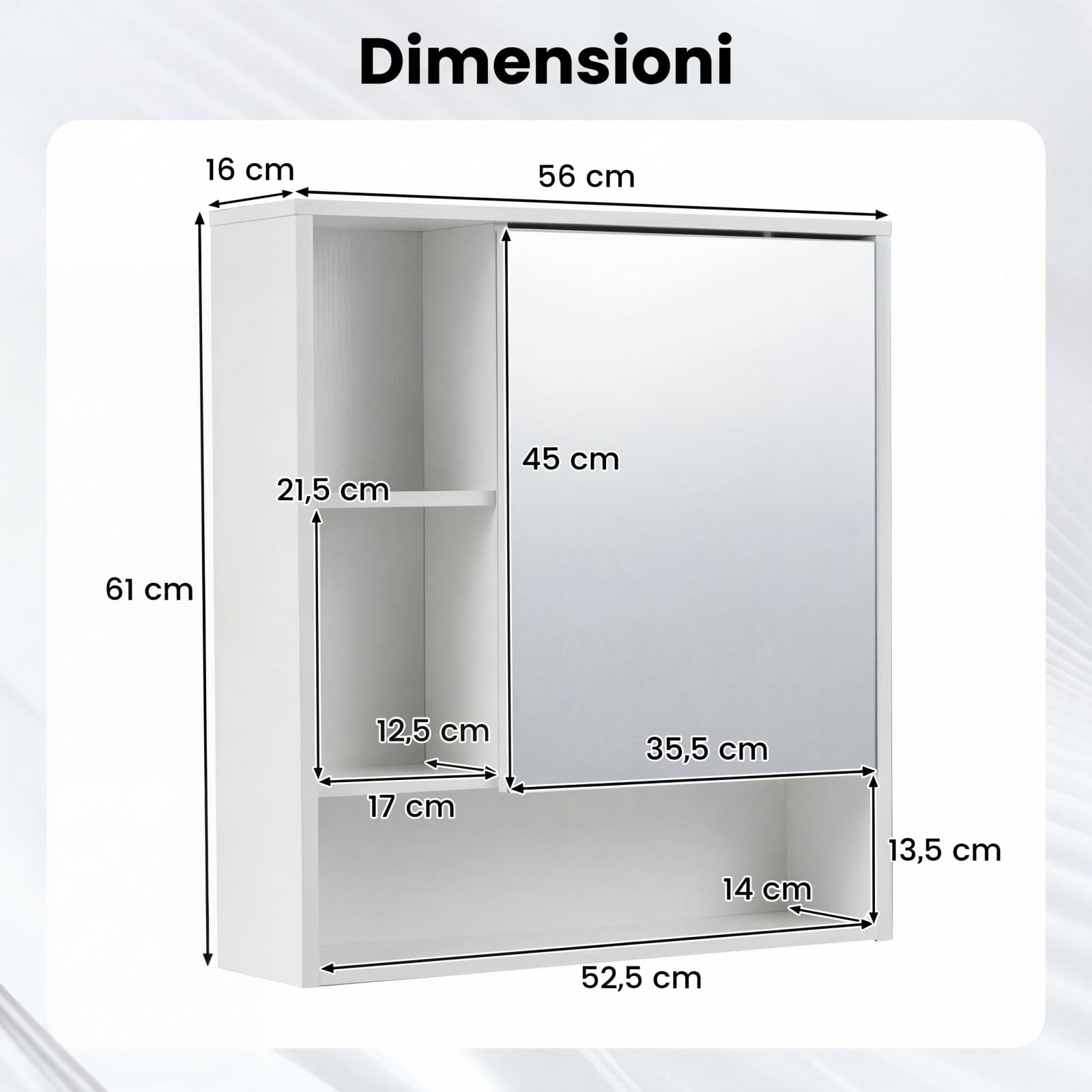COSTWAY Mobile Bagno con Specchio, Specchio Bagno Contenitore con Porta Singola e 3 Ripiani Aperti, Mobiletto Salvaspazio in Legno per Lavanderia e Ingresso, 56 x 16 x 61 cm (Bianco)