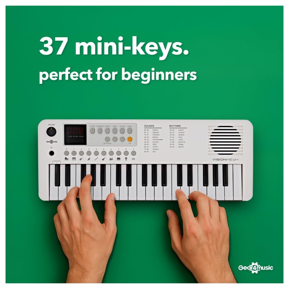 VISIONKEY-1 Mini Teclado Digital 37 Teclas para Niños y Principiantes | Piano Eléctrico de Mini Teclas en 3 Octavas, 100 Sonidos y Ritmos, Salida de Auriculares, USB-C o Pilas, Blanco