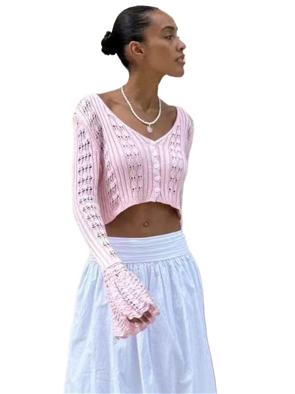 Cardigan Mujer Corta Suéter Calado con Cuello en V, Manga Larga, Transparente, de Verano, Punto y Patchwork