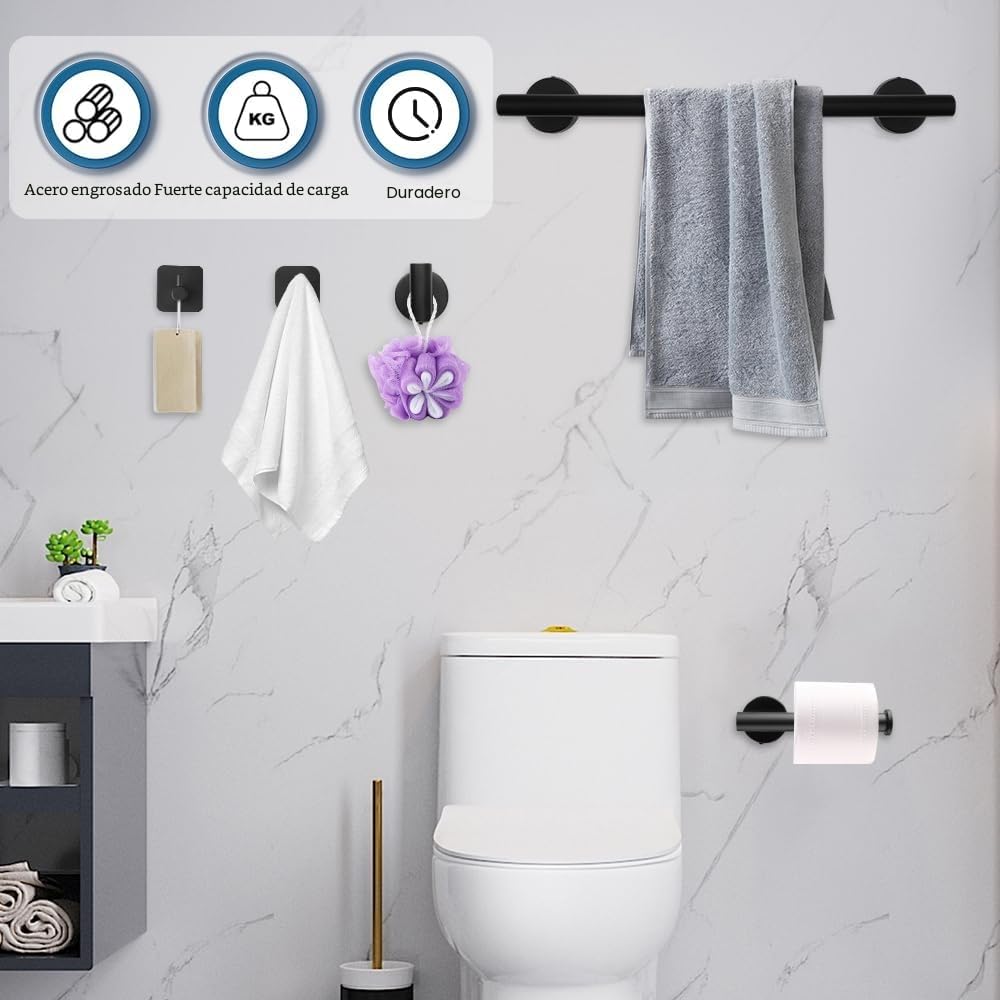 Toallero de Baño, Accesorios baño,Que Incluye 1 toallero, 1 portarrollos y 3 Ganchos. El Conjunto Completo Ofrece soluciones prácticas para el baño (Negro)