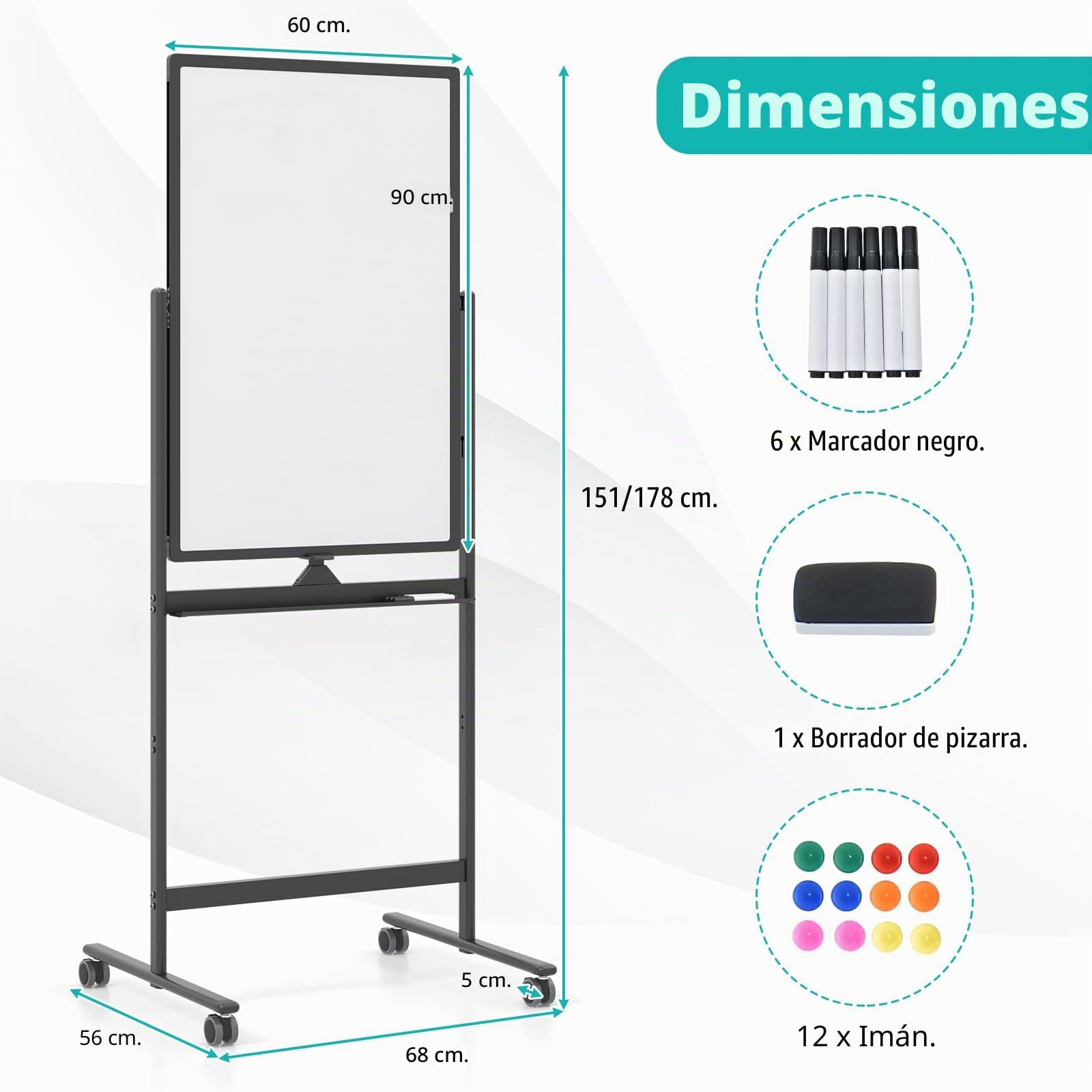 GIANTEX Pizarra Blanca Móvil de Doble Cara, 60 x 90 cm, Pizarra Magnética con Patas Ajustable en 2 Niveles, con Borrador en Seco, Marcadores Negros, Imanes, Pizarra de Caballete con Ruedas (Negro)