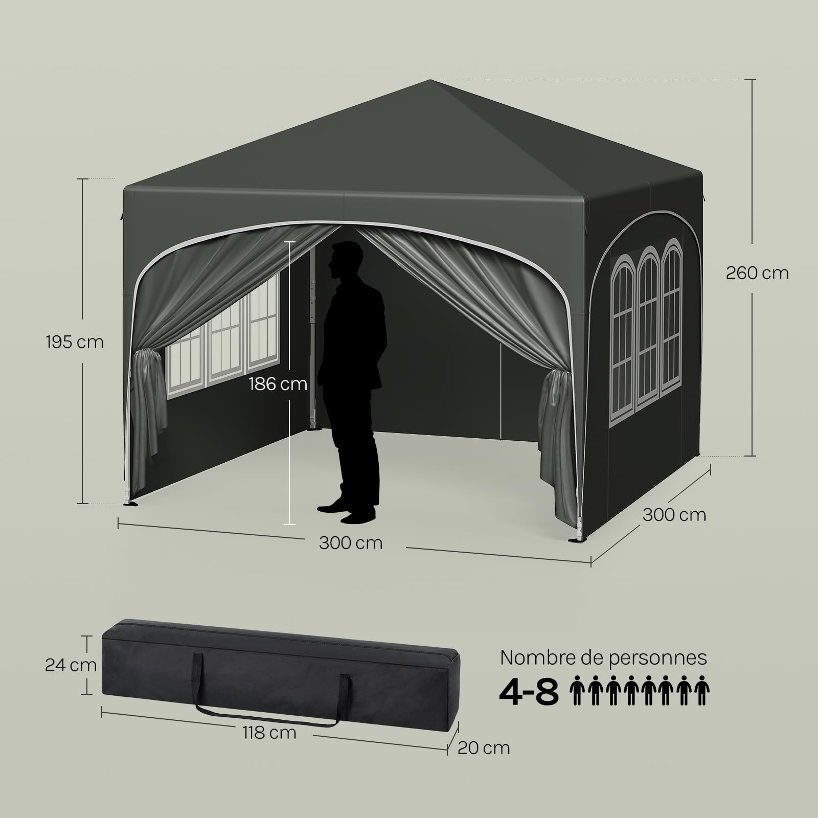 WOLTU Tonnelle 3x3m Pop up avec 4 parois Gris