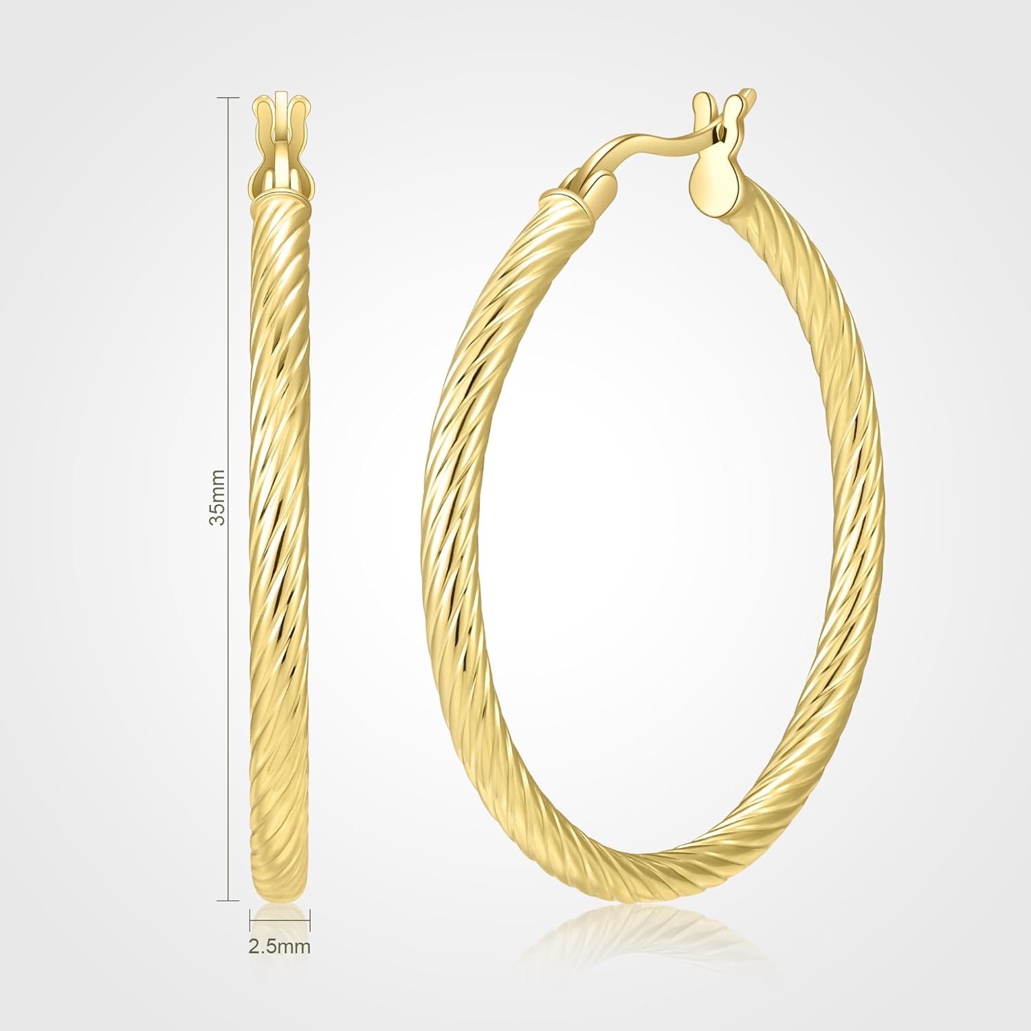 14 Karat Gold Earrings, 14K Gold Hoop Earrings for Women, 35mm Twisted Vermeil Hoops, Lightweight Hollow Earrings, Hypoallergenic Jewelry Gift, 14K Gold Plated 925 Sterling Silver