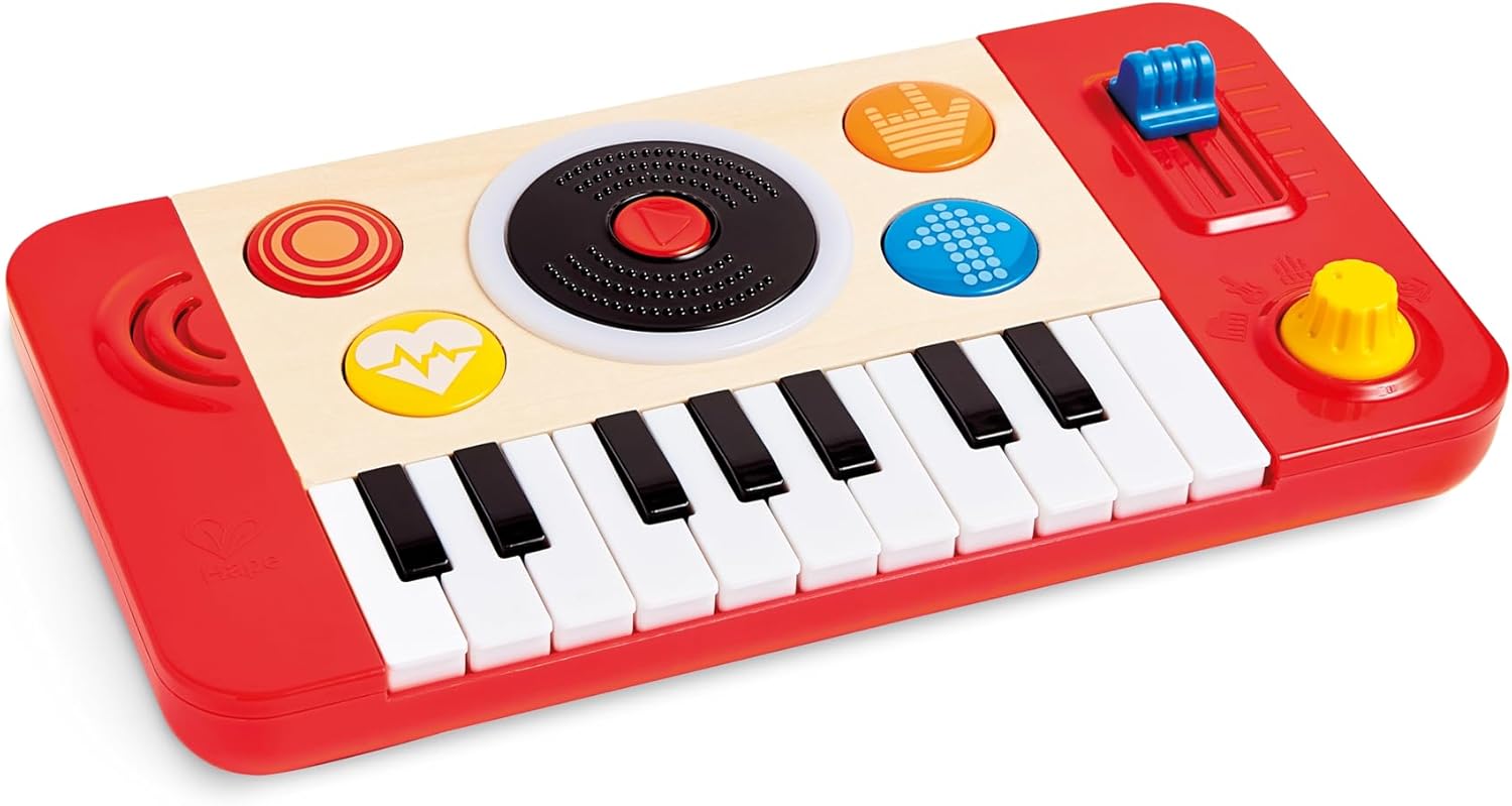 Hape Kids Portable DJ Mix and Spin Studio Music Toy Playset with Lights, Sound, and 18 Key Keyboard for Kids Ages 1 to 5 Years , Red
