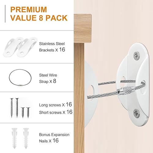 Miniatura 4 de Anclajes para muebles (paquete de 8) para proteger el bebé, antipunta, anclaje de muebles que asegura 420 libras de tensión resistente a terremotos,