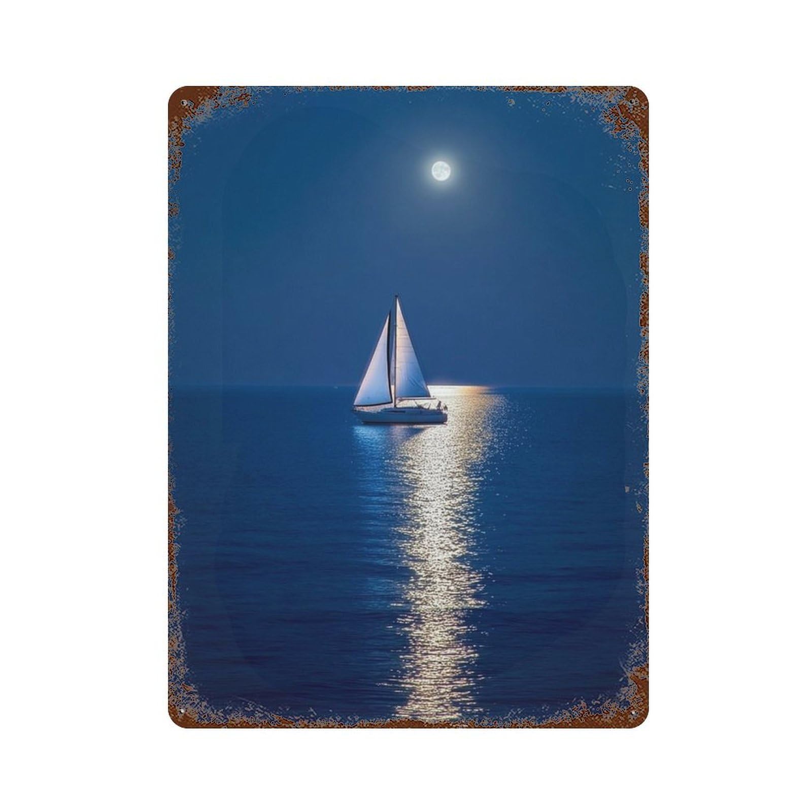 Rusty Metal Tin Sign Moonlit Sailboat Journey 15.7"x11.8", Vintage Wall Decor for Shed, Workshop And Garage Wall Decor
