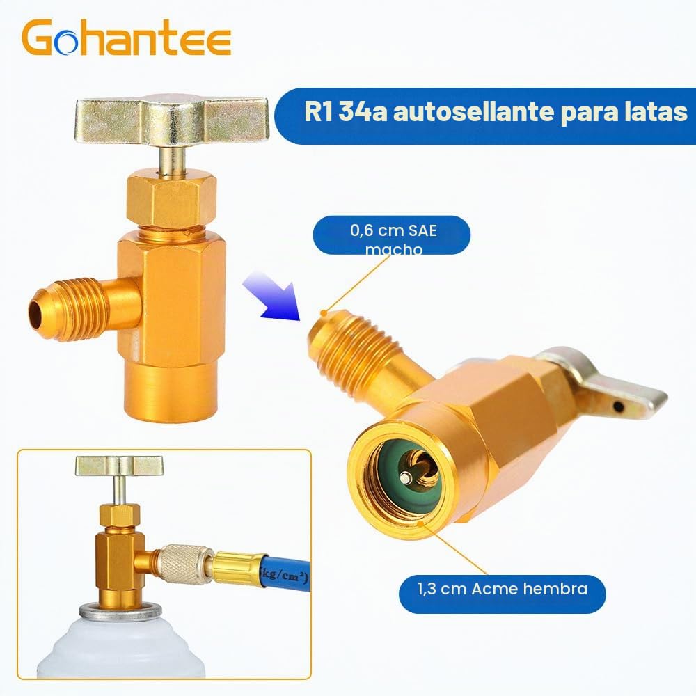 gohantee R134a Medición Kit de Manguera Recarga Aire Acondicionado con Manómetro y Grifo de Lata Autosellante, a Puerto de R-12/R-22, Acoplamiento Rápido de Lado Bajo R134a