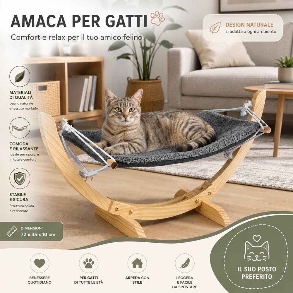BAKAJI Amaca per Gatti in Legno Ergonomica, Cuccia per Animali Domestici Portata Massima 6 kg, Lettino Ergonomico con Rivestimento Morbido, Struttura in Legno, 72 x 35 x 10 cm