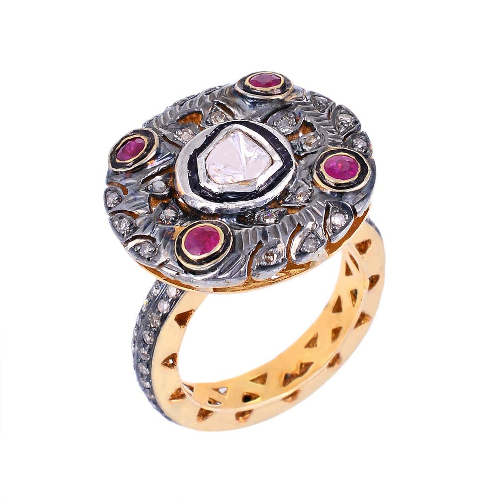 Handmade Natural Diamond Ring, With 14k Fine Gold Round Shape Ring With 0.19 Carat Irregular Slice Diamond And 0.73 Carat Naturally Colored Brown Diamond (I2-I3 Clarity) For Women