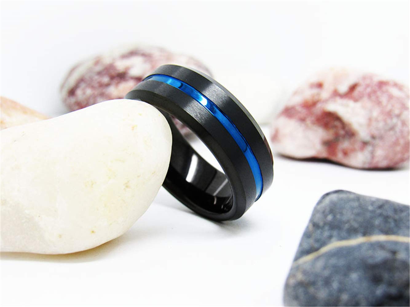 Anillo de carburo de tungsteno negro de 8 mm para hombre, diseño de túnel azul, anillo de compromiso, acabado mate