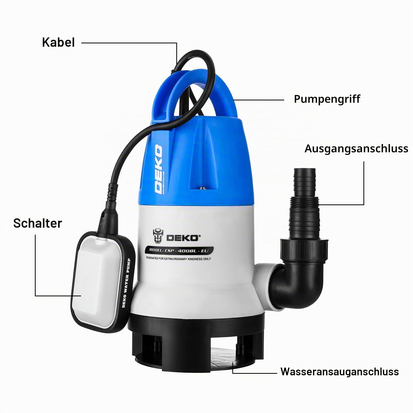 DEKO 400W Tauchpumpen flachsaugend mit Schwimmerschalter Fördermenge 8000 l/h Eintauchtiefe Max. 7 m Partikel Ø 35mm - Tauchpumpe Schmutzwasserpumpe Wasserpumpe Pumpe Abwasserpumpe für Garten Haus