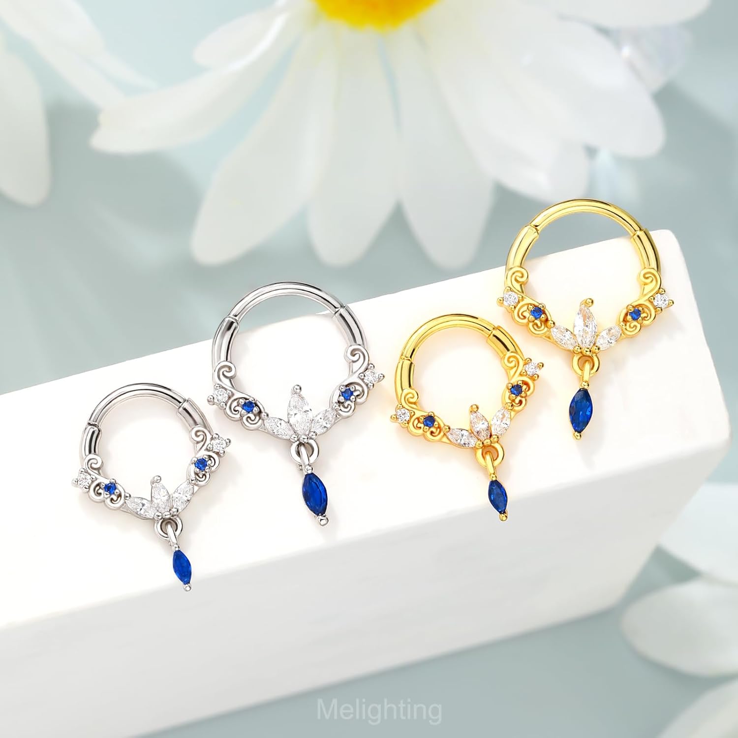 Melighting 16G Dangle Septum Ring Blue Clear CZ Cartilage Earring 8/10 mm Septum Piercing Stainless Steel 316L Septum Jewelry Clicker Helix Piercing Jewelry for Women - Image 3