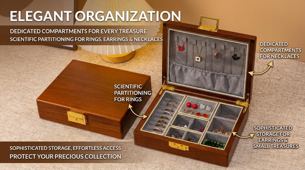 Solid Black Walnut Jewelry Box with Lock and Key Large Capacity Vintage Wooden Organizer for Women and Men Ring Necklace Earring Cufflink Storage Removable Dividers Gift for Christmas - Image 8