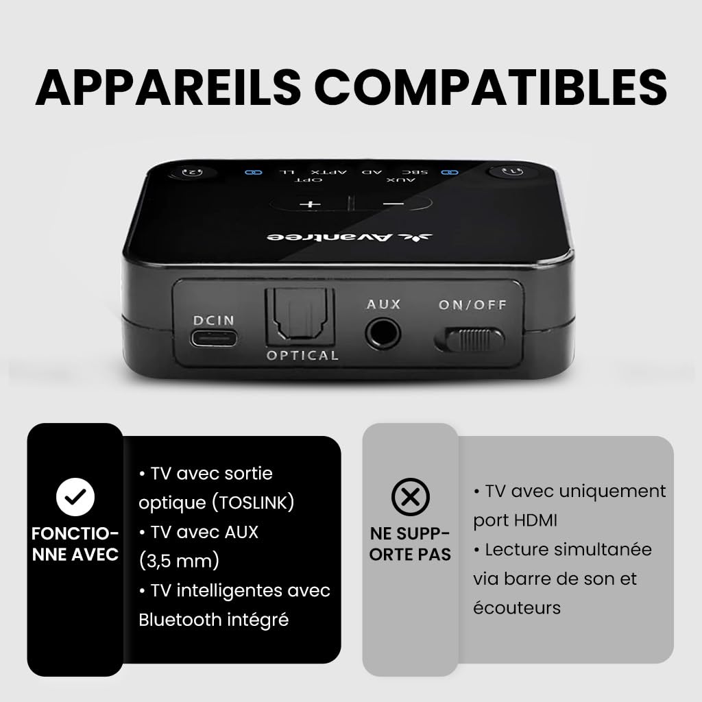 Avantree HT41899 Plus 2 – Dual Casque TV sans Fil Bluetooth 5.3 pour Television avec Transmetteur, Stations de Charge, aptX Adaptive et Latence Basse – Compatible Optique et AUX 3,5 mm