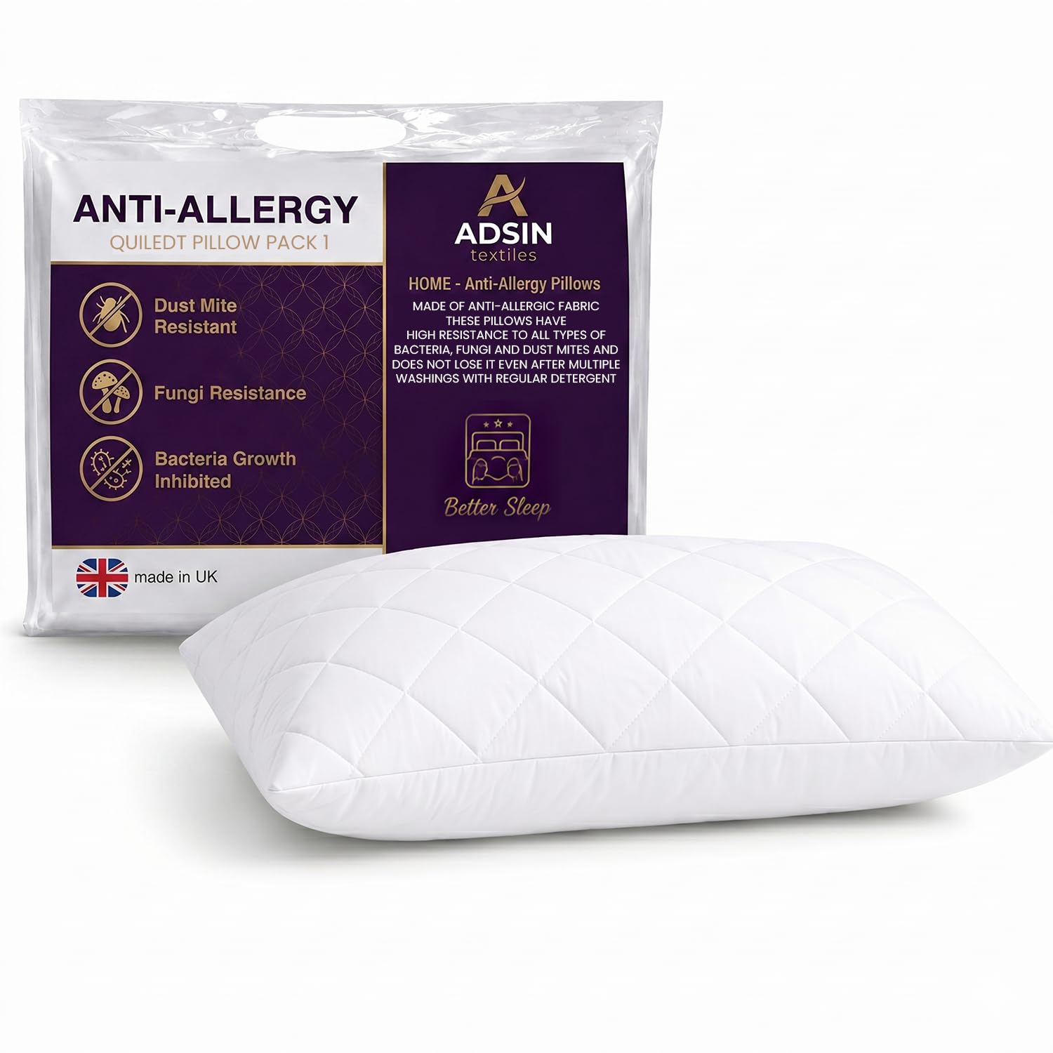 adsin Hotel Quality Quilted Pillows Pack of 1 Anti Allergy Bounce Back Bed Pillows with Soft Touch Quilted Cover – Breathable Hollowfibre Filling for Side, Back & Stomach Sleepers