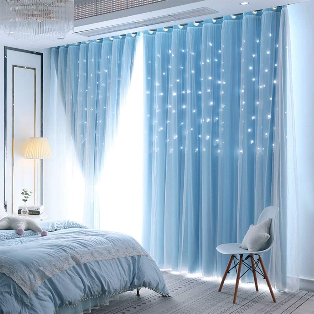 Lanqinglv Star Blackout Curtains with Nets,Blue Star Panels Nursery Double Layer Window Curtains for Kids Girls Room Bedroom Living Room Decoration,2 Panels,W 52 in x L 96 in