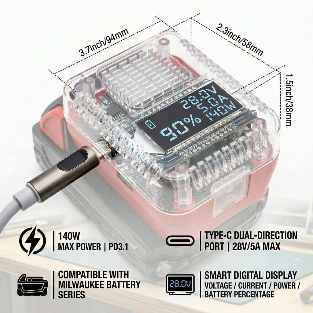 140W 28V 5.0A MAX Input and Output PD3.1 Battery Adapter for Milwaukee for M18 Battery,TypeC bidirectional Charging and discharging and USB-A，with LED Real-Time Display MWQ