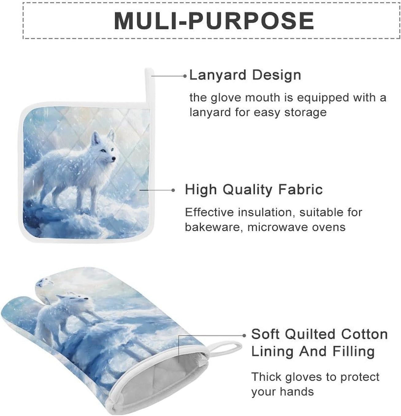 White Fox Ice Snow Oven Mitts and Pot Holders 4Pcs Set Heat Resistant Cooking Mitts Hot Pads