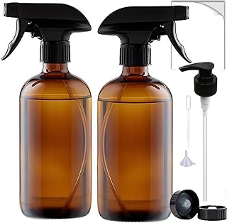 16 oz Amber Glass Spray Bottles - 2 Pack Refillable Empty Bottle for Cleaning Solutions, Essential Oils, Plants, Hair Mister - with Pump,Labels &Funnel, Dropper (Amber-2PACK)