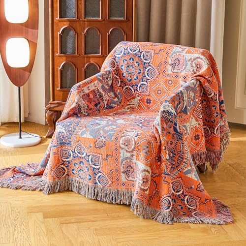 Image of VANJOROY Boho Throw Blanket for Bed Couch 50 inch x 60 inch, 100% Organic Cotton Skin-Friendly Ultra Soft Quilt Orange Throw - Floral Rustic Room Decor Luxury Reversible Blanket for Sofa Chair and Gift