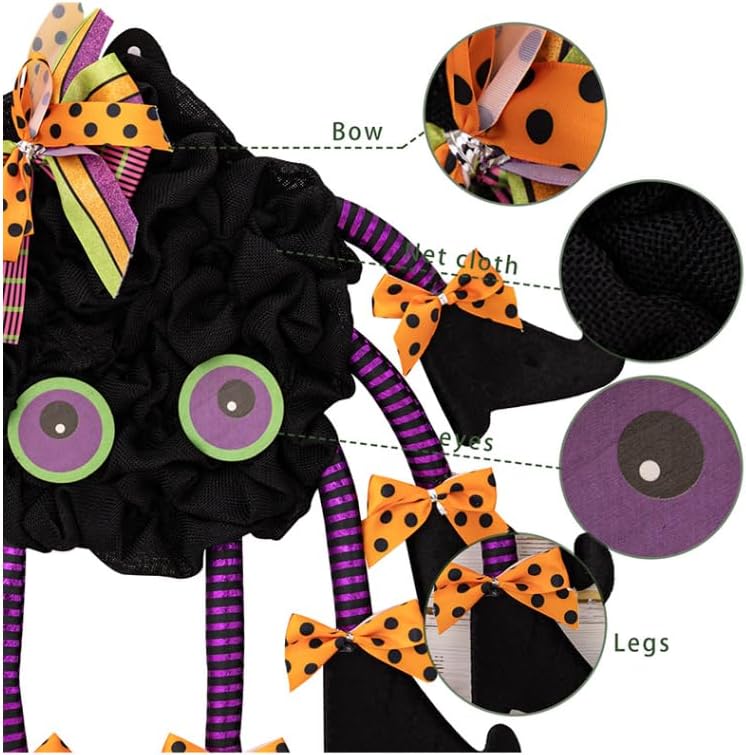 Miniatura 4 de Corona de araña de Halloween para puerta delantera, decoraciones de Halloween de 21 pulgadas, arañas creativas de tela con patatas y corbatín para