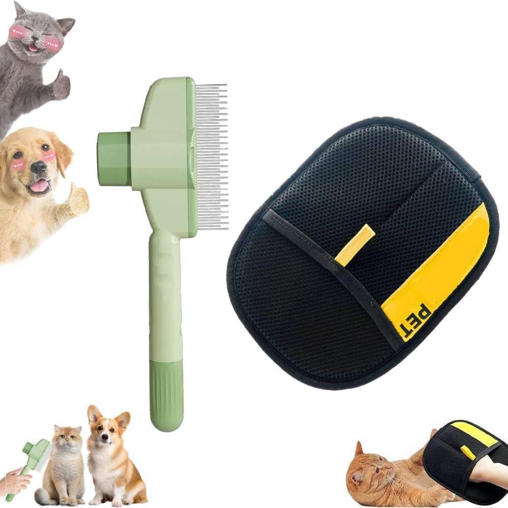 Electrostatic Pet Hair Remover Glove and Pet Hair Removal Comb,Reusable Cat and Dog Grooming Glove and Self-Cleaning Flea Comb for Cats and Dogs (Glove + Green Comb)