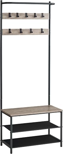 VASAGLE Coat Rack with Shoe Storage, Hall Tree, Coat Stand with Shoe Bench for Hallway, 9 Movable Hooks, Top Bar, 12.7 x 2...