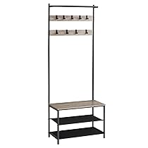 VASAGLE Appendiabiti da Ingresso con Panca Scarpiera, Attaccapanni con 9 Ganci Rimovibili e Barra Appendiabiti, 32,2 x 64 x 180 cm, Camera da Letto, Industriale, Greige e Nero HSR411B02