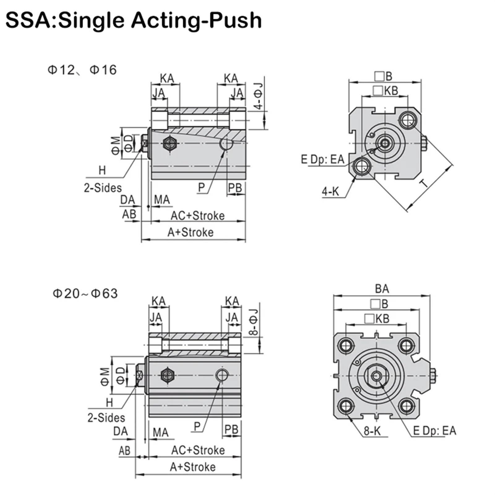40/50/63 Cylinder pneumatyczny serii jednostronnego działania skok cylindra 5-50 mm wytłaczanie jednostronnego działania (skok 15 mm, SSA63)