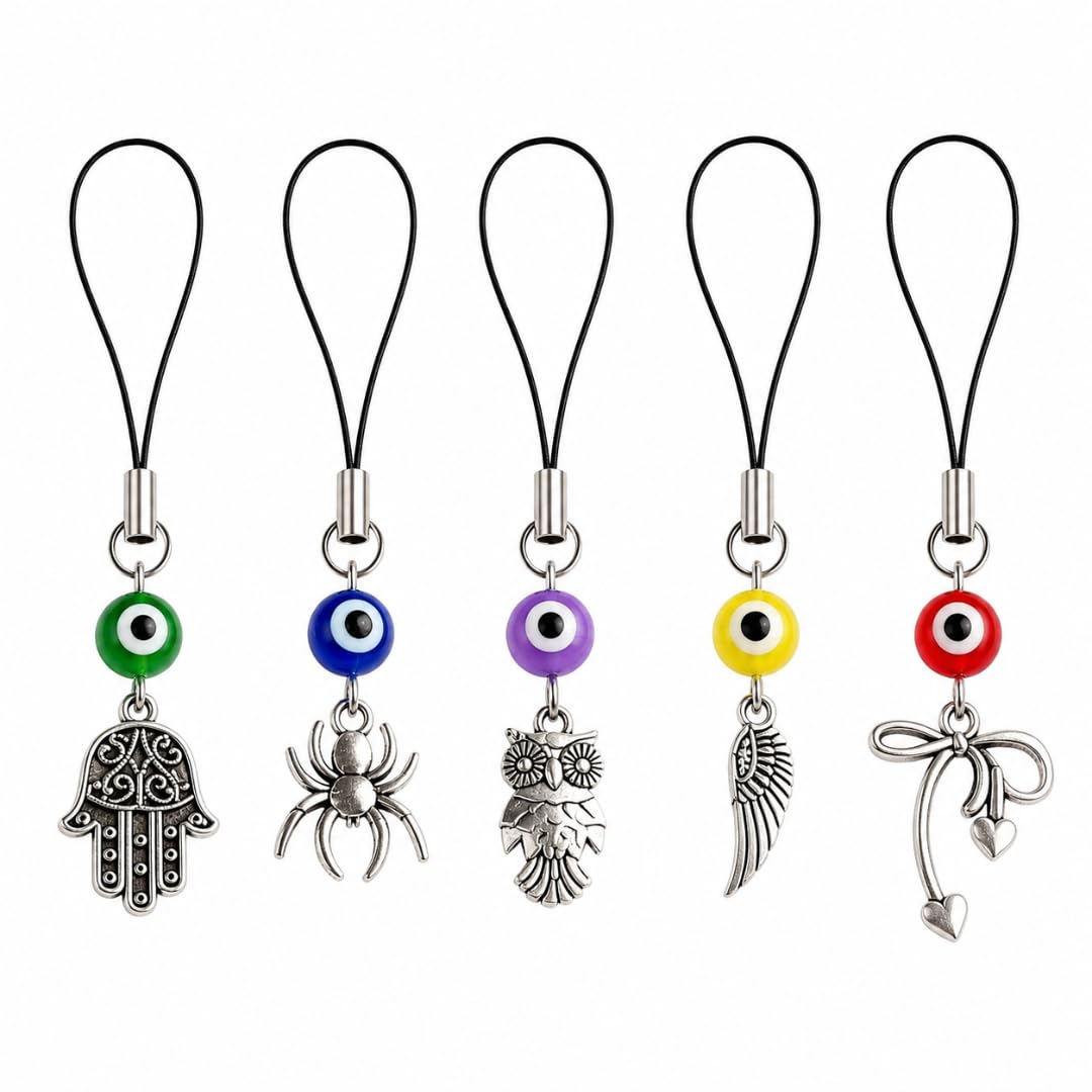 Handmade Evil Eye Phone Charm, Multicolour, Hamsa, Spider, Owl, Angel Wing, Bow Pendants, Keychain, Bag Accessory, Pack of 5-image-26