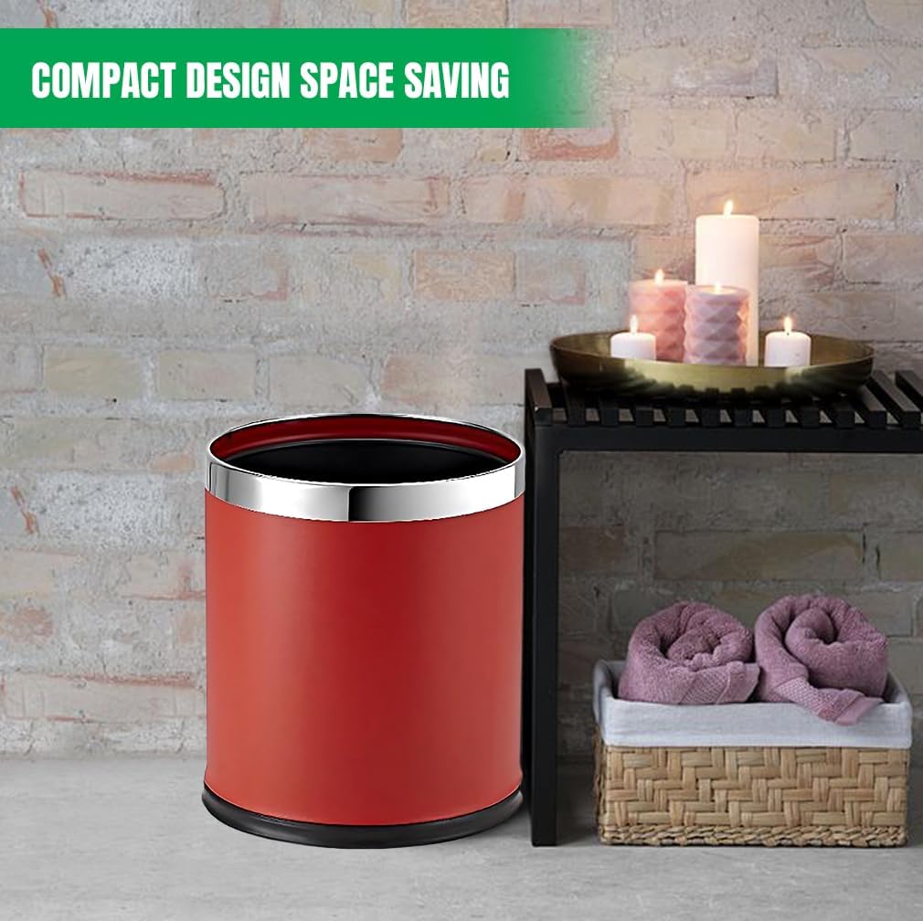 Small Office Trash Can, Open Top Small Wastebasket Bin, Invisi-Overlap' Metal Garbage Can, Waste Basket for Powder Room, Vanity, Bathroom (Red)