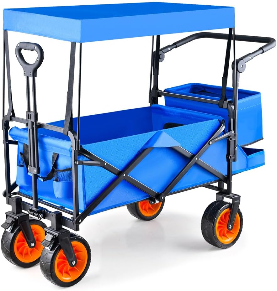 LANGWEI Folding Wagon Trolley, Upgrades Multi-Terrain Pull Along Utility Cart with Adjustable Tailgate & Canopy & Tail Pockets & Removable Push-Pull Rod, Collapsible Trailer Buggy for Outdoor