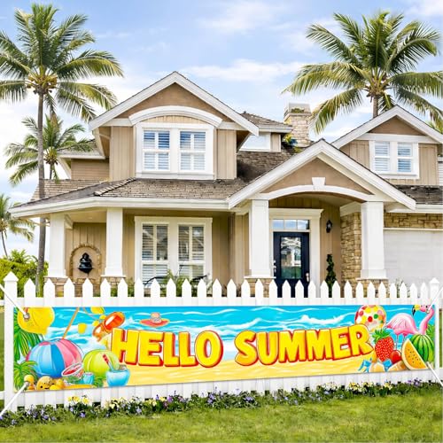 BlissYard Hello Summer Banner 118 x 20 Inch Fruit Flamingo Pool Party Banner Beach Theme Summer Decorations for Outside Hawaiian Luau Fence Sign Backyard Outdoor Decor
