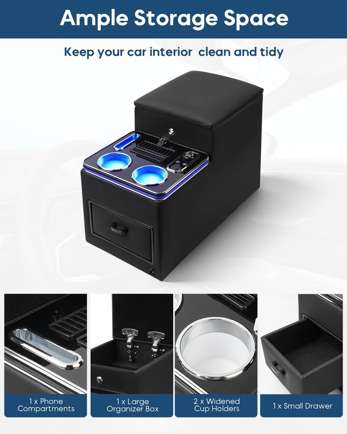 Center Console Between Seat with a Lock, Upgraded Center Console Organizer for Minivans, Truck & Motorhome, with Fast Phone Charging, 7-Color Adjustable LED Lighting and Cup & Phone Holder