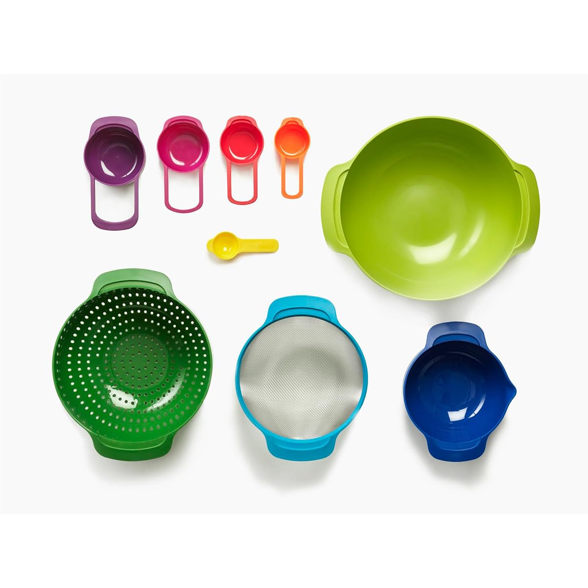 Joseph Joseph Nest 9 Plus, set compatto per la preparazione dei cibi con ciotole per mescolare, misurini, setaccio e colino, multicolore