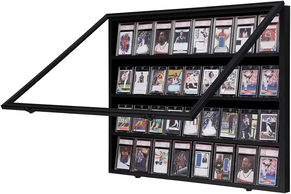 VERANI 36 Graded Sports Baseball Card Display Case Wall Mount Black | Lockable Trading Card Wall Cabinet,98% UV Block Acrylic Panel,Premium Wood Frame,Vertical Wall Mount Only