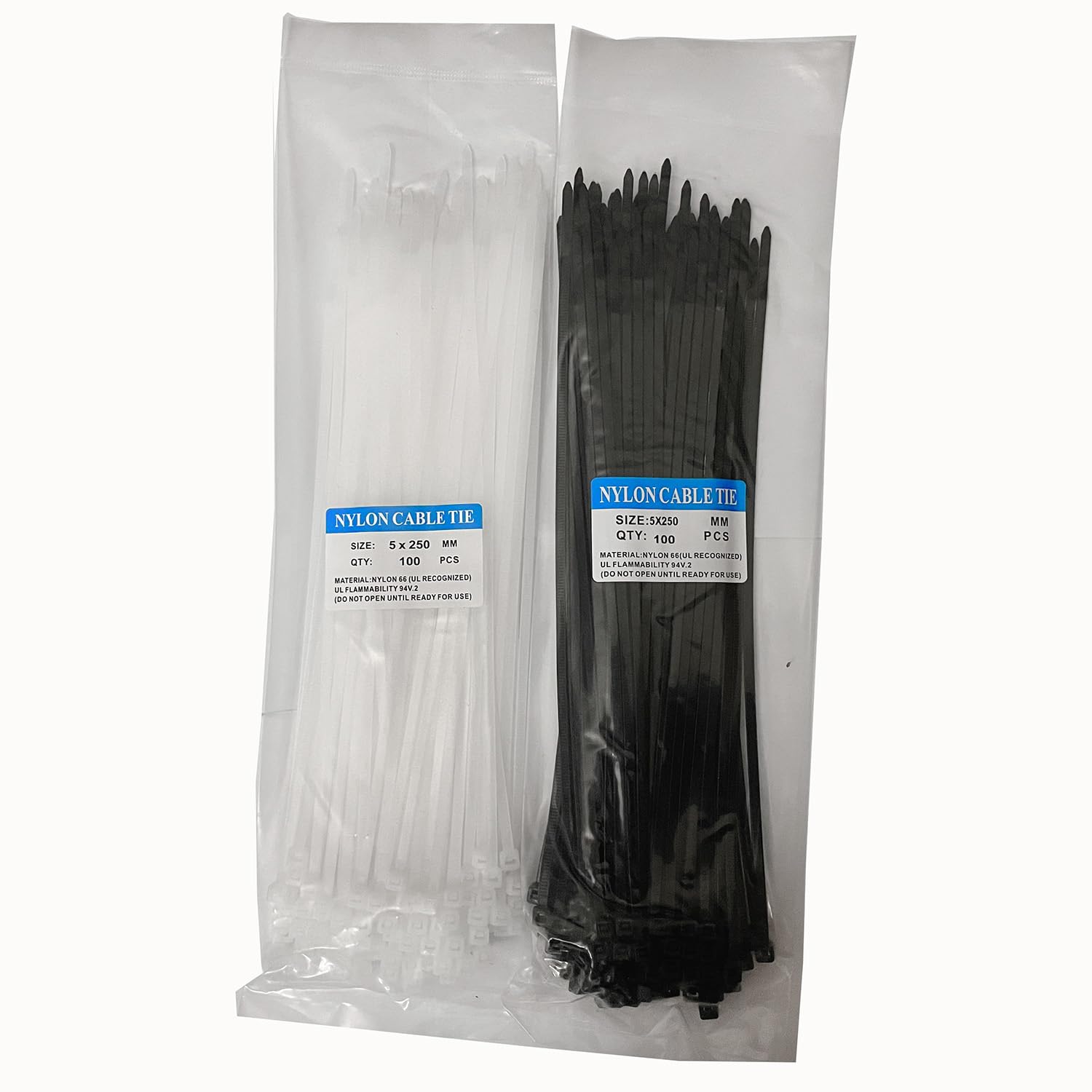 25cm Nylon Cable Tie with Self Lock Design, 100 PCS white and 100 PCS black Zip Ties 10 Inches for Various Using Scenarios, Heavy Duty Cable Ties Indoor Outdoor Necessary Tools