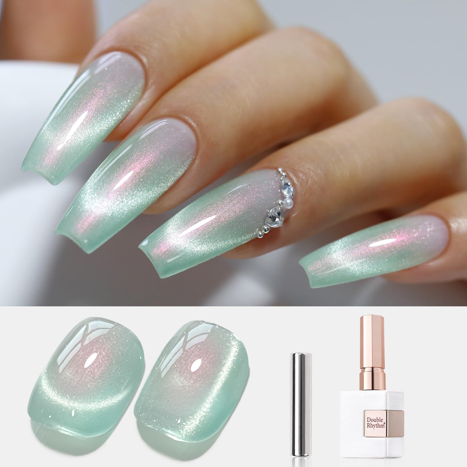 Double Rhythm 0.5 OZ Cat Eye Gel Polish with Magnet 15ML Holographic Glitter Shimmer Translucent Jelly Color Magnetic Polish Salon DIY at Home (MC1005)