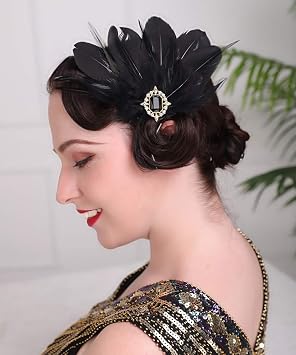 Aimimier 1920s Flapper Black Feather Headpiece Crystal Roaring 20s Feather Hair Clip Masquerade Hair Accessory for Women