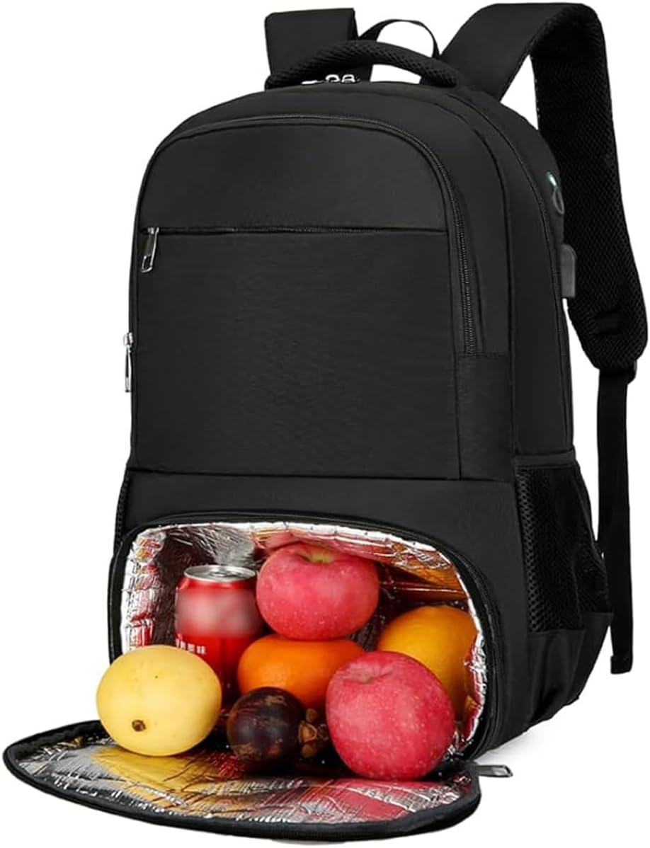 YYKSYDPT Insulated Lunch Backpack for Men Women, Lunch Backpack, Laptop Backpack with USB Charging Port, Travel Backpack with Insulated Bag (Black), Black, One Size