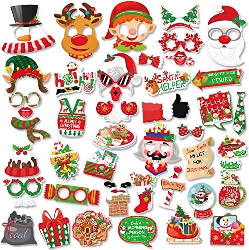 HOWAF 44 Pcs Christmas Photo Booth Props Kit, Red and Green Funny Christmas Selfie Posing Signs Santa Snowman Candy Cane Photo Props for Kids & Adults Christmas Holiday New Year Party Supplies