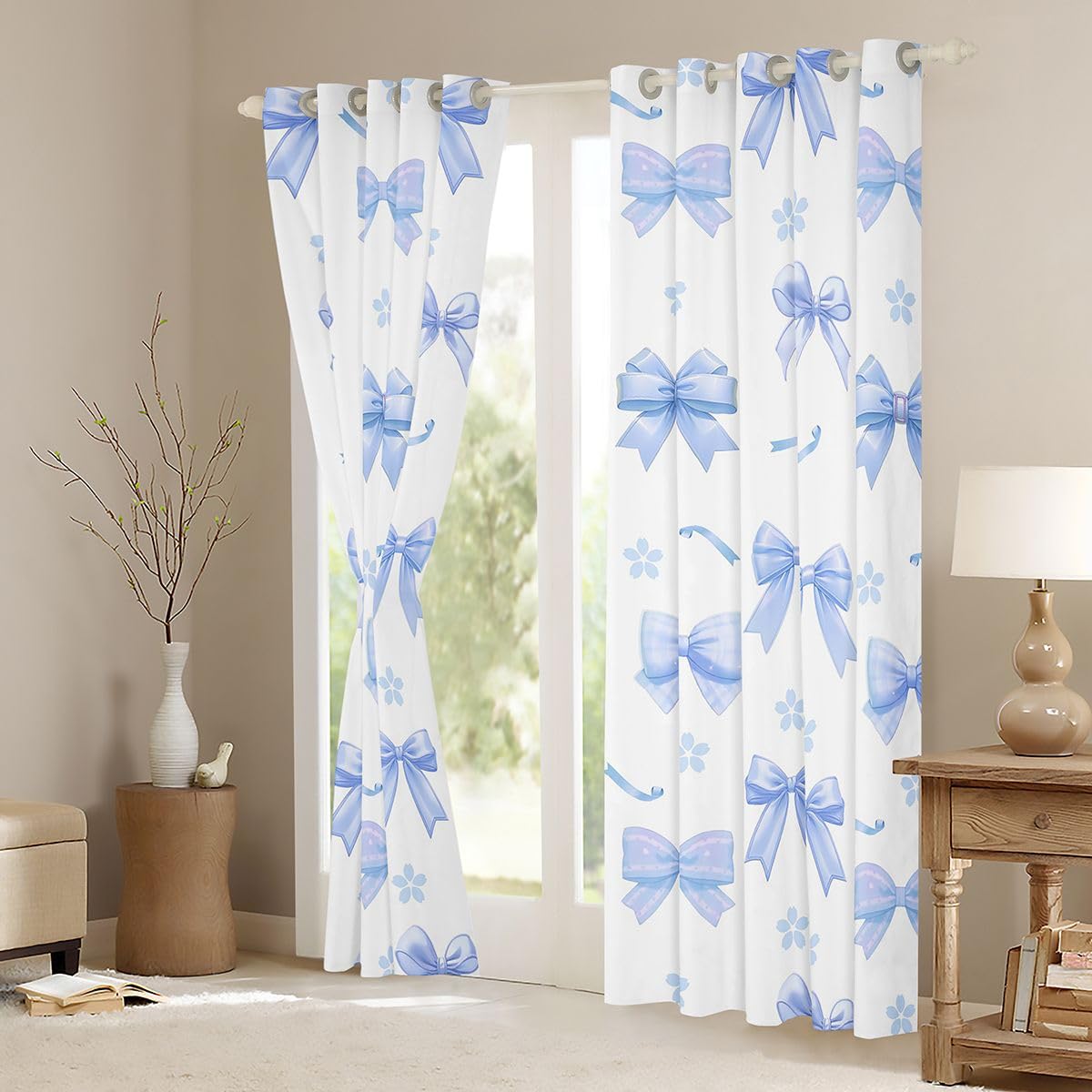Homewish Wstążka z kokardą, niebieskie zasłony okienne, 117 x 183 cm, 2 zestawy paneli – marzycielska księżniczka zasłony zaciemniające kokarda, , zasłony okienne, kwiat wiśni do sypialni